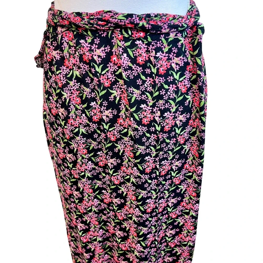 Vintage MARONIE Black Pink Floral Wrap Maxi Skirt Cottage Coquette Romantic‎ Y2K